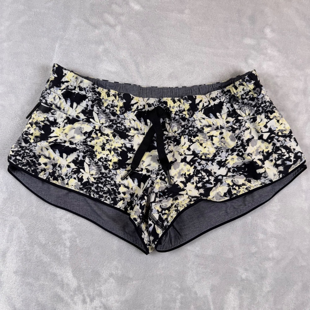 Lululemon Athletica Women's Size 4 Floral Print Running Shorts Black Yellow Gray